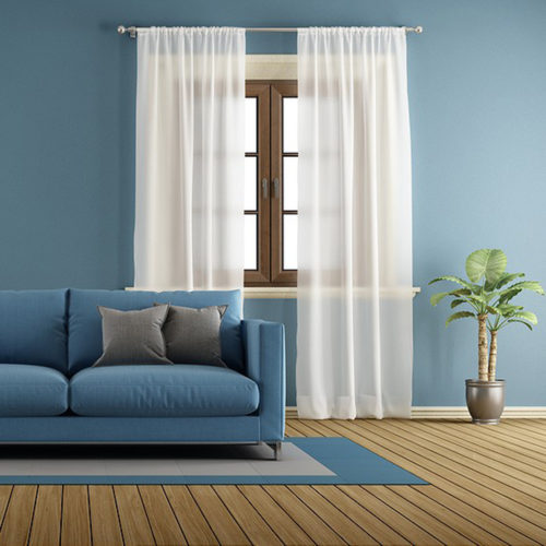 Blue room with wooden windows , modern sofa and white curtain - 3d rendering